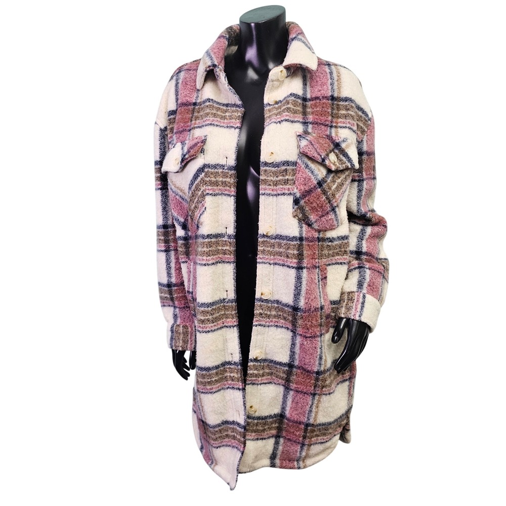 BlankNYC Womens M Plaid Wool Blend Shacket Pink Cream Longline Jacket Teddy Bear